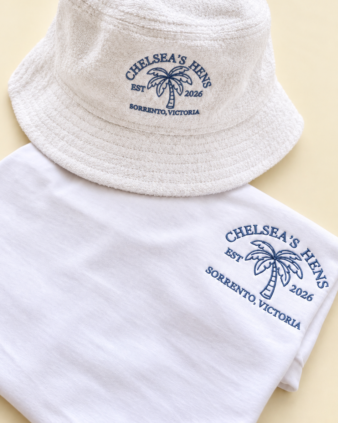 Embroidered hens party t-shirt and matching bucket hat
