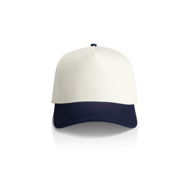 Personalised embroidered two tone hens party cap in Natural and Midnight Blue