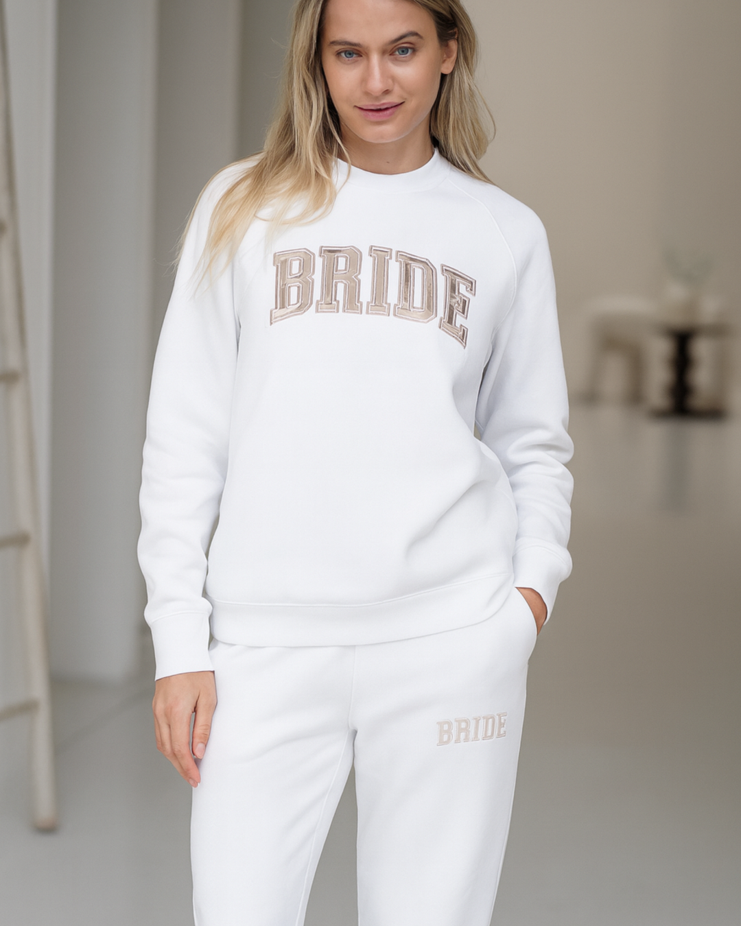 The Bride Lounge Set – White Jumper + White Trackpants