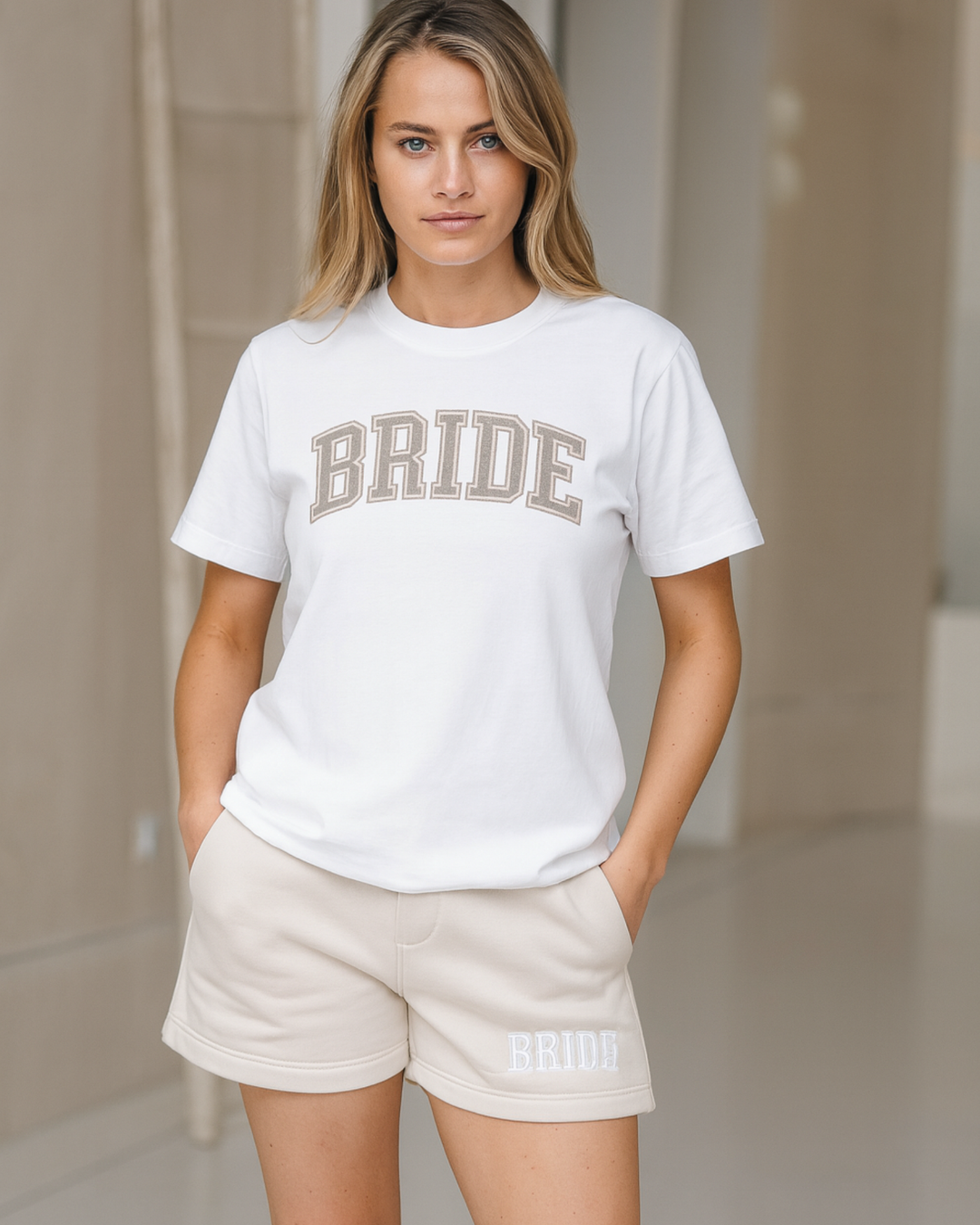 The Weekend Bride Set – Tee, Shorts, White Hoodie