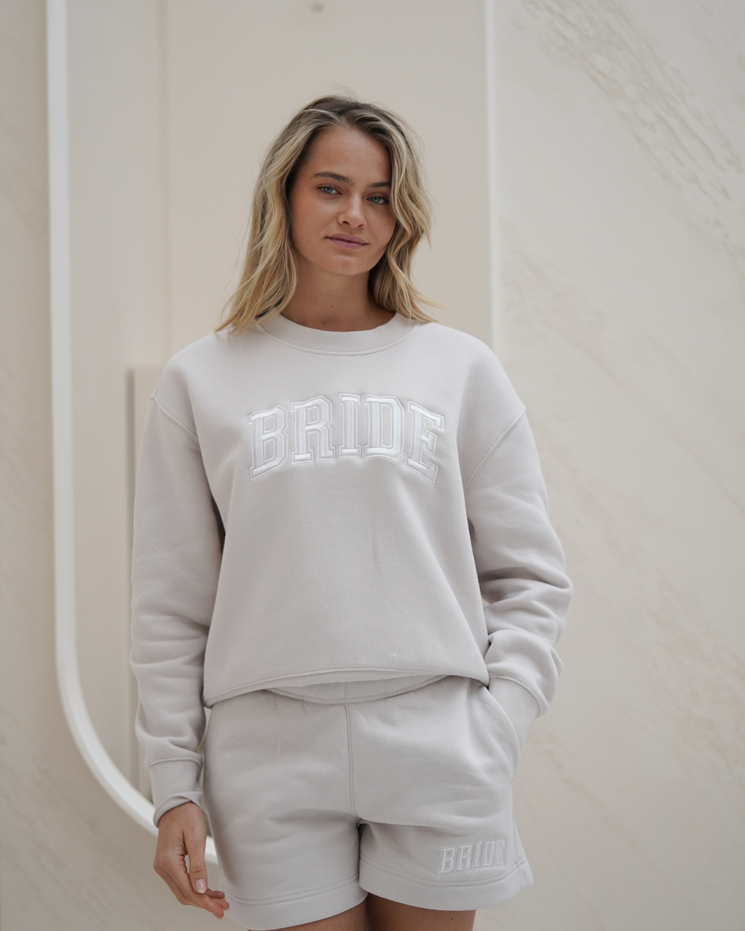 The Weekend Bride Set – Tee, Shorts, Bone Jumper