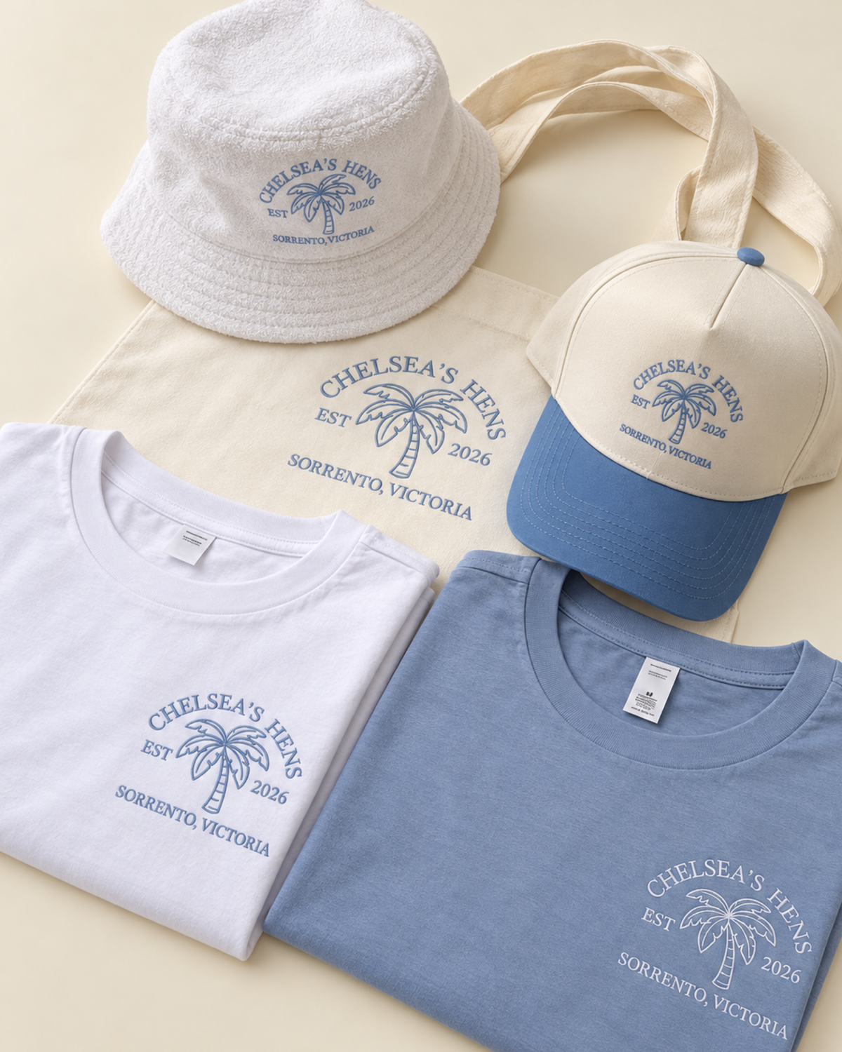 Matching personalised hens party t-shirts, cap and tote flatlay