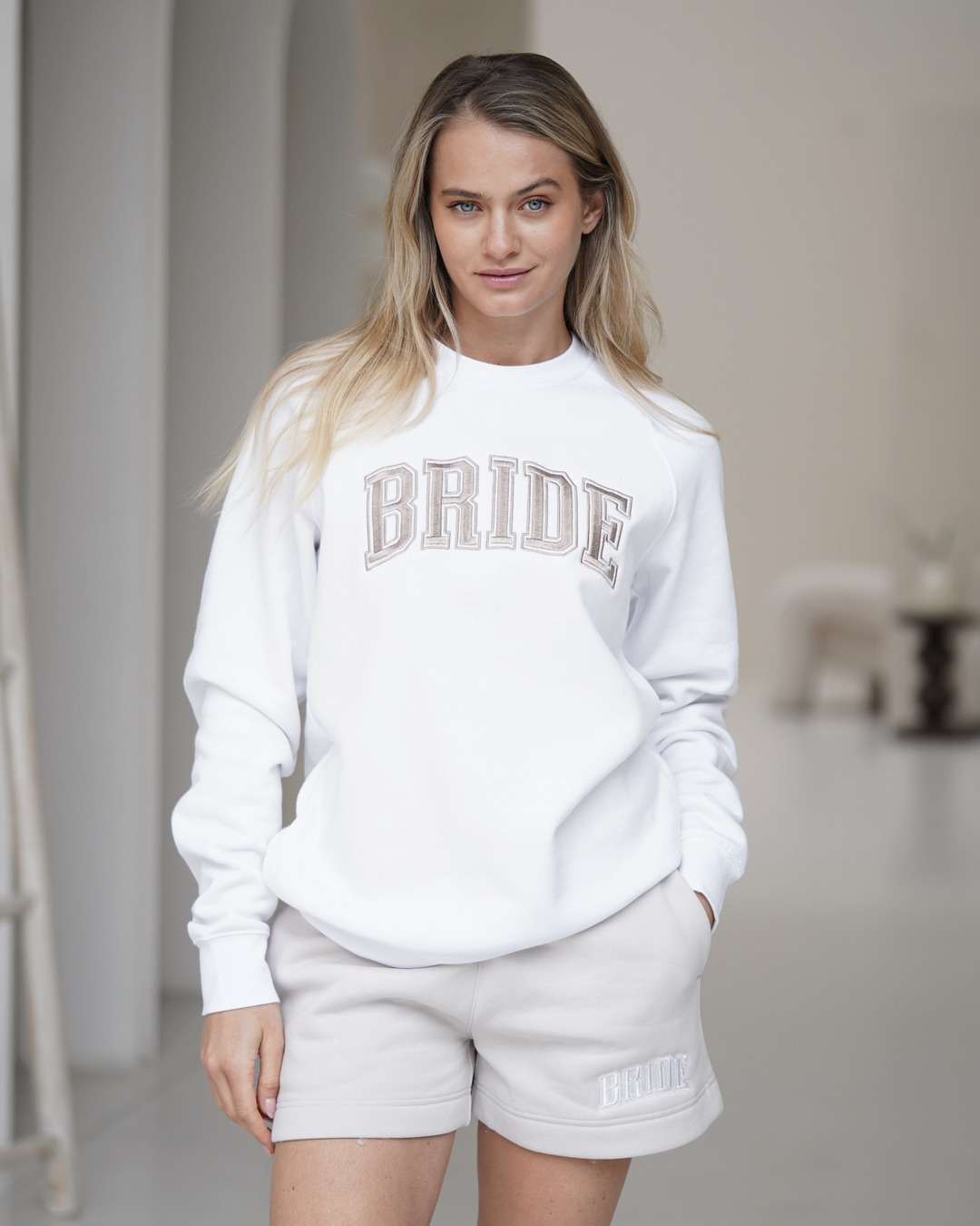 The Weekend Bride Set – Tee, Shorts, White Hoodie